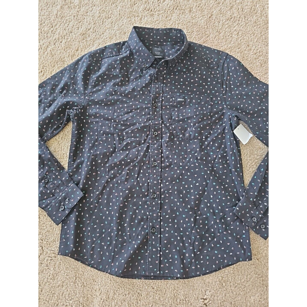 RVCA Mens Slim Fit Long Sleeve Button Down Shirt Black Small